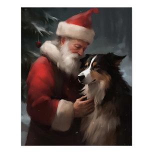 Póster Border Collie Com O Papai Noel Natal Festivo