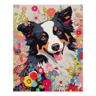 Póster Border Collie Dog and Flowers 002 - Tailor jewel
