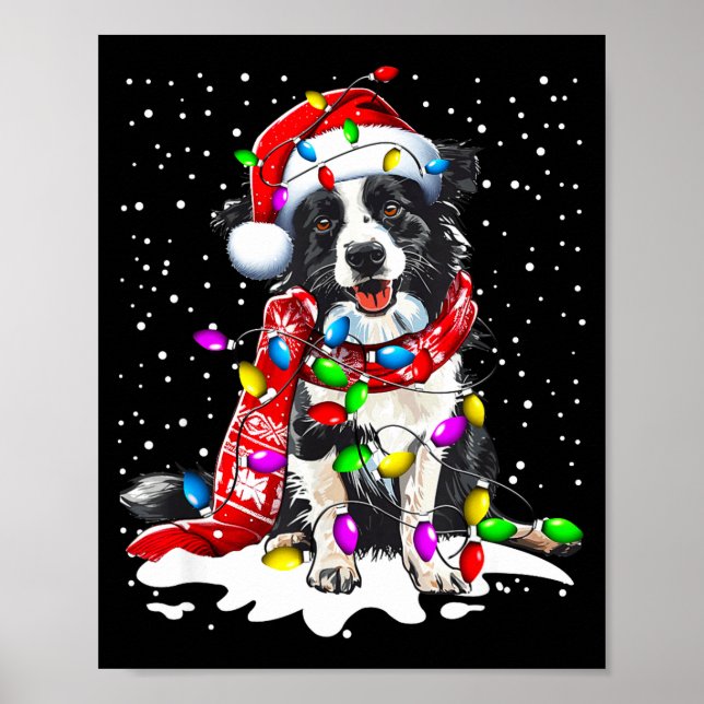 Poster Border Collie Dog Lighting Xmas Santa Hat Christma (Frente)