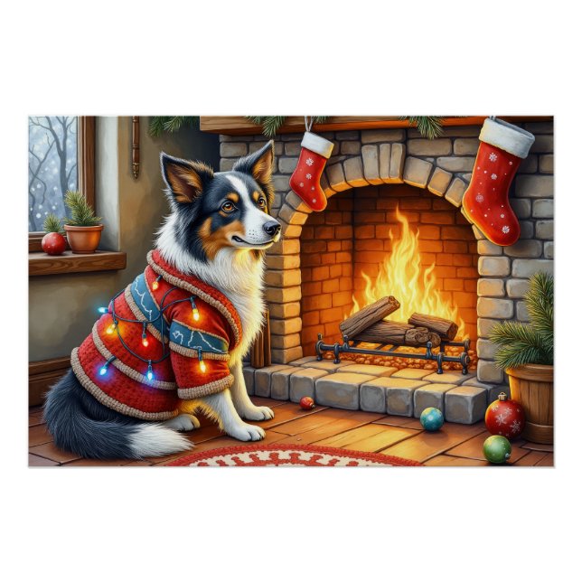Póster Border Collie Lareira com Luzes de Natal (Frente)