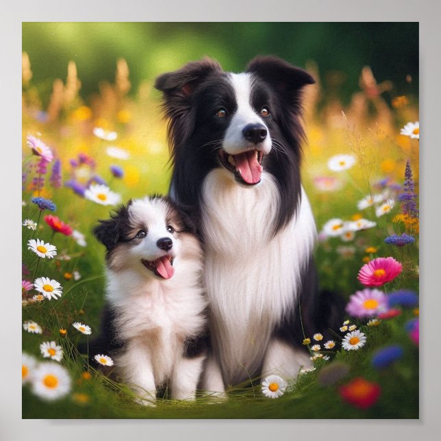 Poster Border Collie mãe e seu filhote (Frente)
