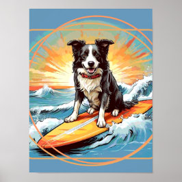 Poster Border Collie Preto e Branco Surfando