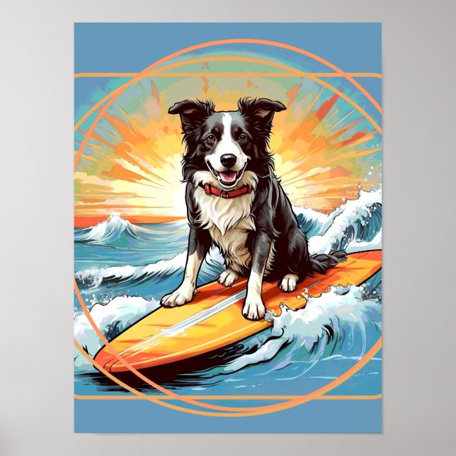 Poster Border Collie Preto e Branco Surfando (Frente)