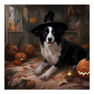 Póster Border Collie Pumpkins Halloween Assustado