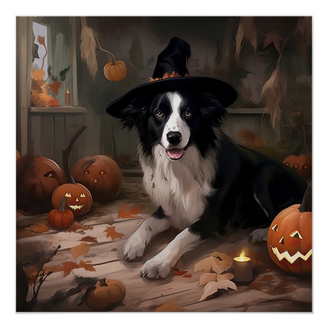 Póster Border Collie Pumpkins Halloween Assustado (Frente)