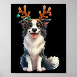 Poster Border Collie Reindeer Santa Hat Xmas Luzes Chris