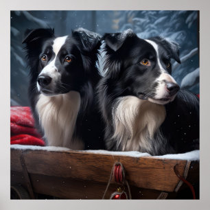 Poster Border Collie Snowy Sleigh Decoração de Natal