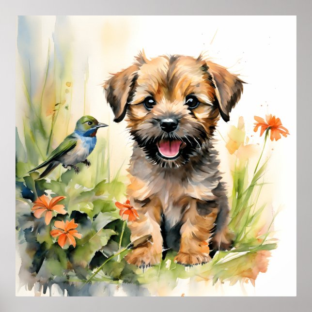 Poster Border Terrier Puppy com Hummingbird (Frente)