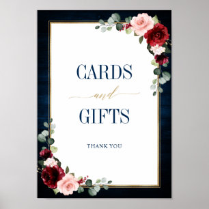 Poster Borgonha Azul Marinho Bege Floral Dourado Cartões