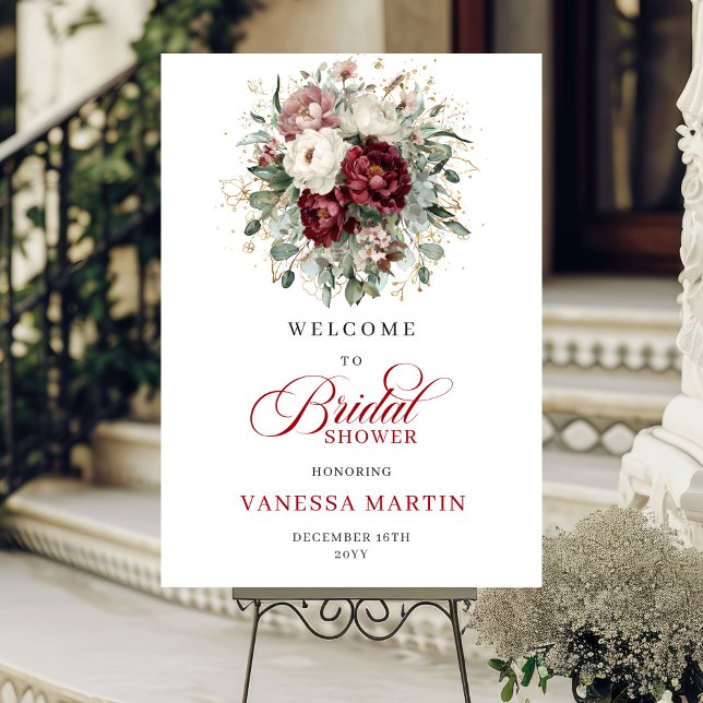 Poster Borgonha Floral Boho Dourado Bem-vindo ao Chá de B (Burgundy Floral Boho Bridal Shower Welcome)