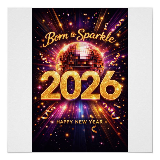 Póster Born to Sparkle 2026 Disco Ball Happy New Year (Frente)