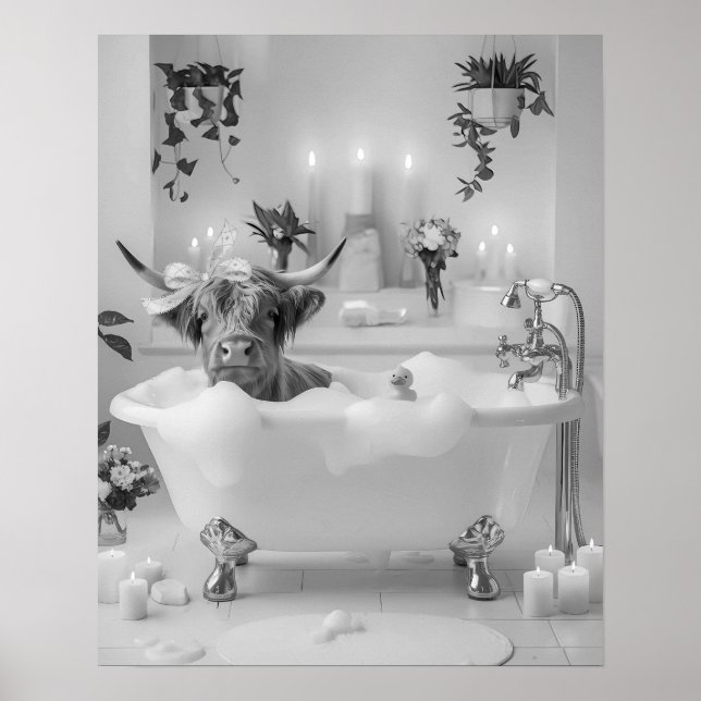 Poster Borracha de Vaca Highland Bath Bathroom Preto e Br (Frente)