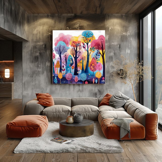 Póster Bosque Colorido: Paisaje Folk y Naive (Criador carregado)