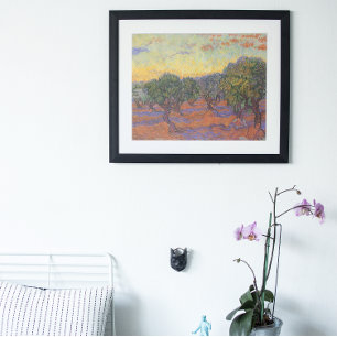 Póster Bosque verde-oliva, céu alaranjado por Vincent va