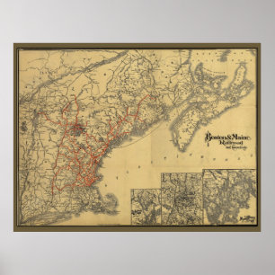 Póster Boston 1898 ao mapa da estrada de ferro de Maine
