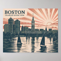 Boston Charles River Sailboat Skyline Art Vintage