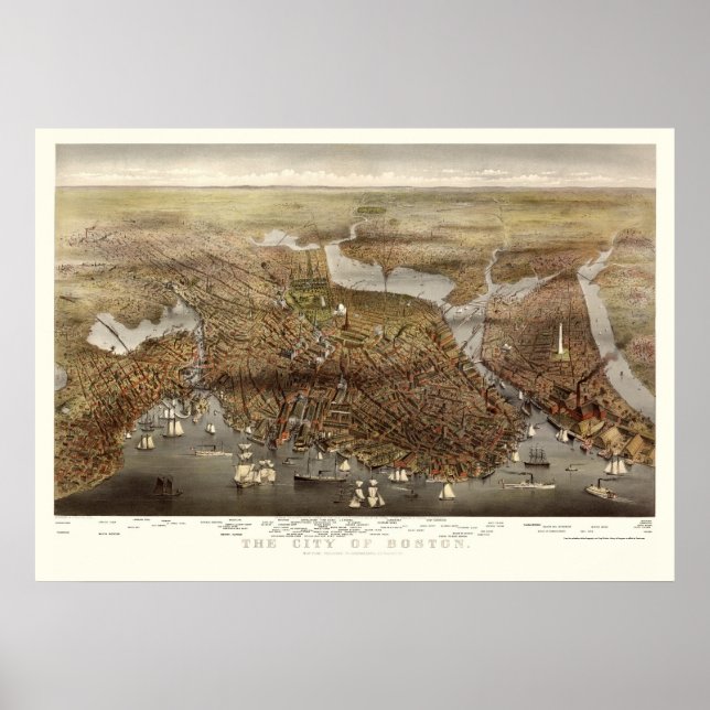 Póster Boston, Mapa Panorâmico MÃE - 1873 (Frente)