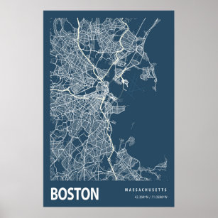 Poster Boston Massachusetts City Map Line Art Blue Impres