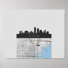Poster Boston Massachusetts City Skyline com Mapa