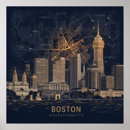 Poster Boston, Massachusetts City Skyline com Mapa