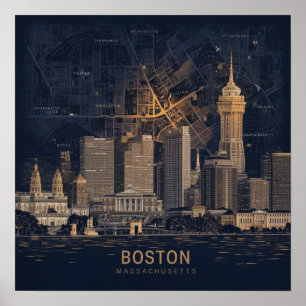 Poster Boston, Massachusetts City Skyline com Mapa