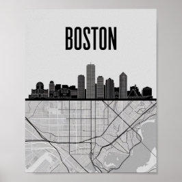 Poster Boston Massachusetts City Skyline com Mapa