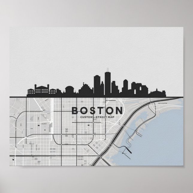 Poster Boston Massachusetts City Skyline com Mapa (Frente)