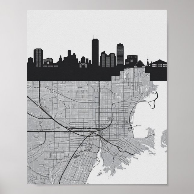 Poster Boston Massachusetts City Skyline com Mapa (Frente)