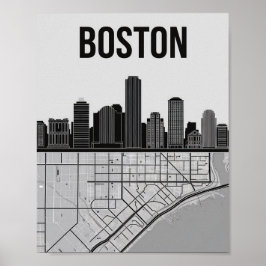 Poster Boston Massachusetts City Skyline com Mapa