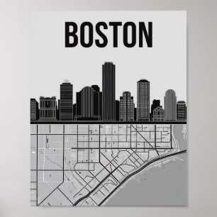 Poster Boston Massachusetts City Skyline com Mapa