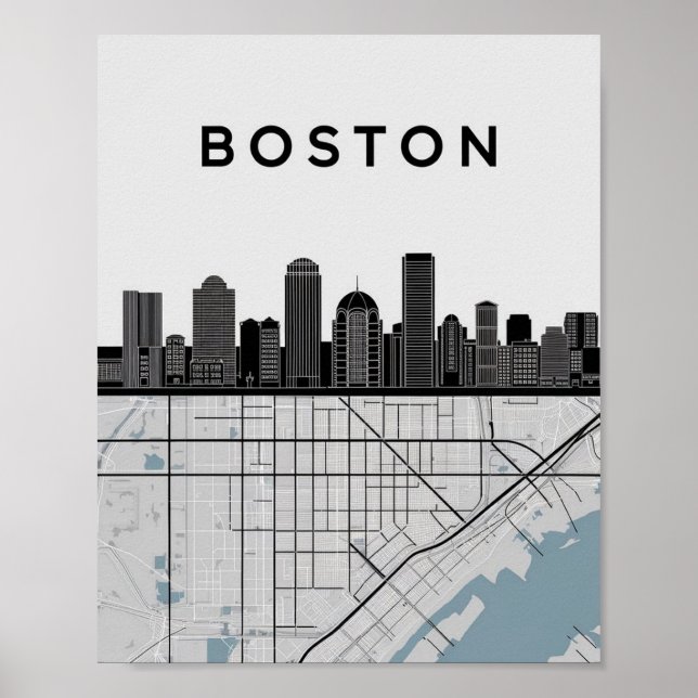 Poster Boston Massachusetts City Skyline com Mapa (Frente)