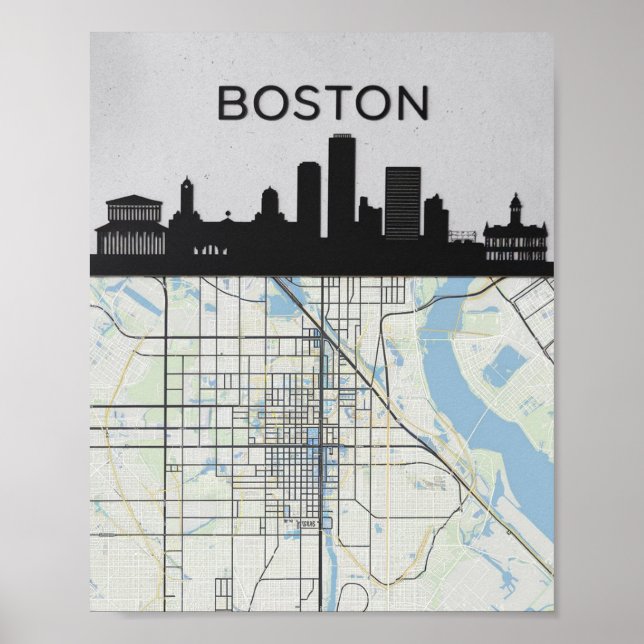 Poster Boston Massachusetts City Skyline com Mapa (Frente)