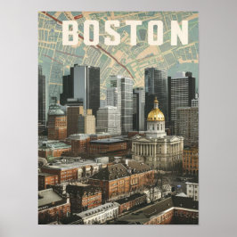 Poster Boston, Massachusetts City Skyline com Mapa