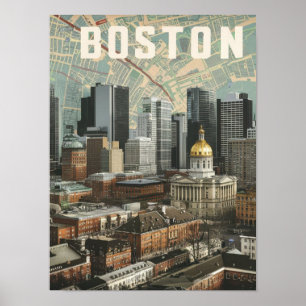 Poster Boston, Massachusetts City Skyline com Mapa