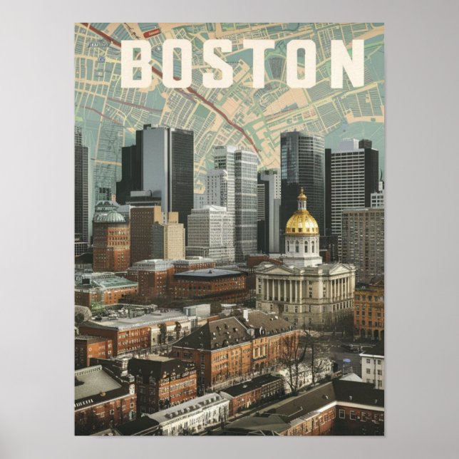 Poster Boston, Massachusetts City Skyline com Mapa (Frente)