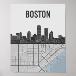 Poster Boston Massachusetts City Skyline com Mapa