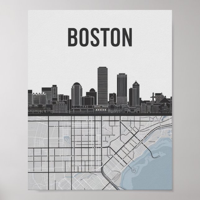 Poster Boston Massachusetts City Skyline com Mapa (Frente)