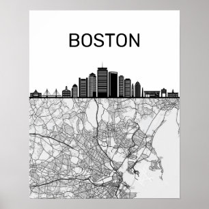 Poster Boston Massachusetts City Skyline com Mapa