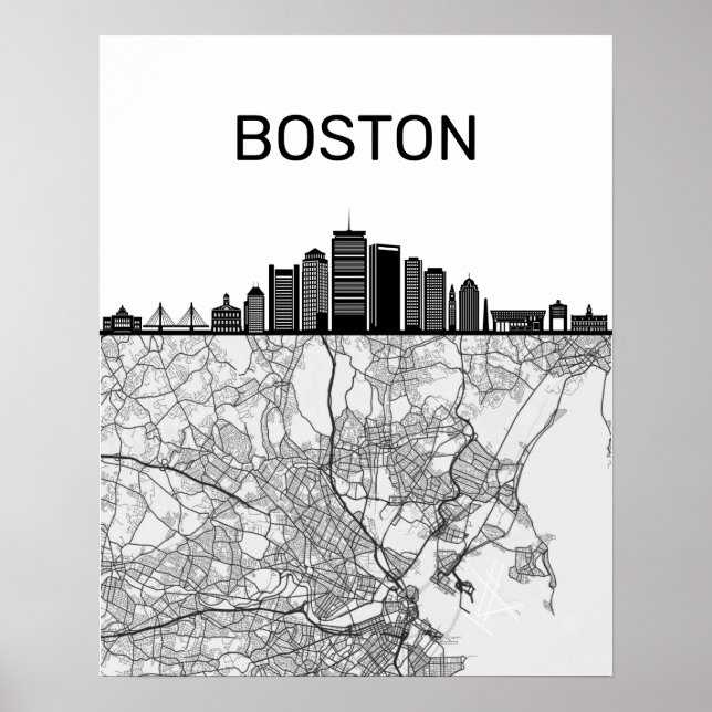 Poster Boston Massachusetts City Skyline com Mapa (Frente)
