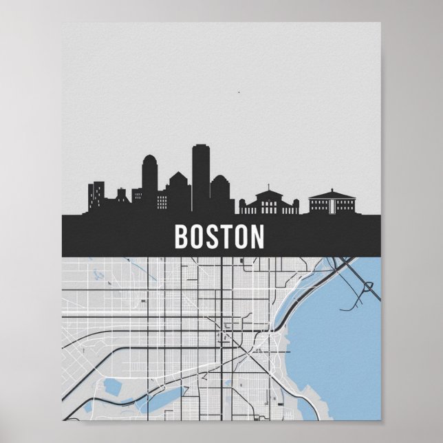 Poster Boston Massachusetts City Skyline com Mapa (Frente)