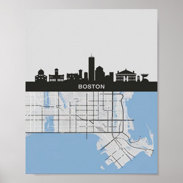 Poster Boston Massachusetts City Skyline com Mapa (Frente)