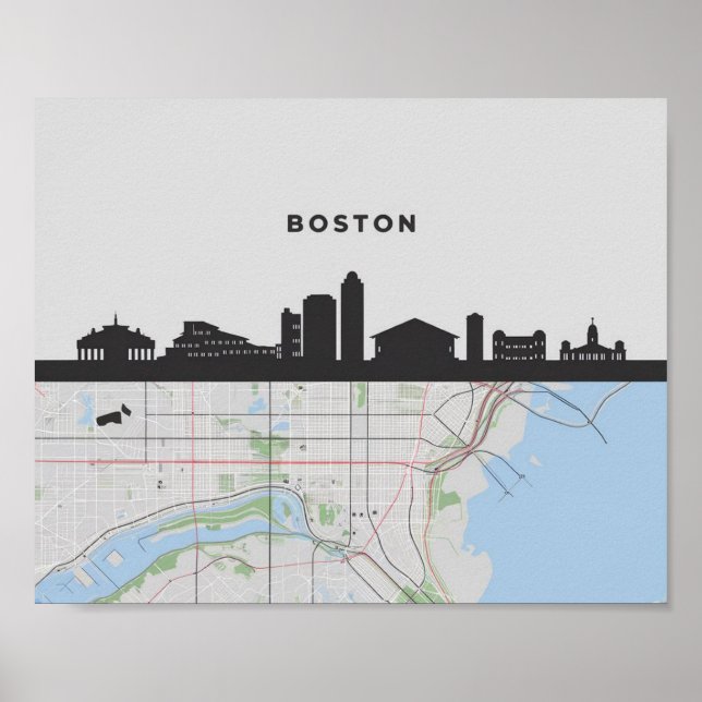 Poster Boston Massachusetts City Skyline com Mapa (Frente)