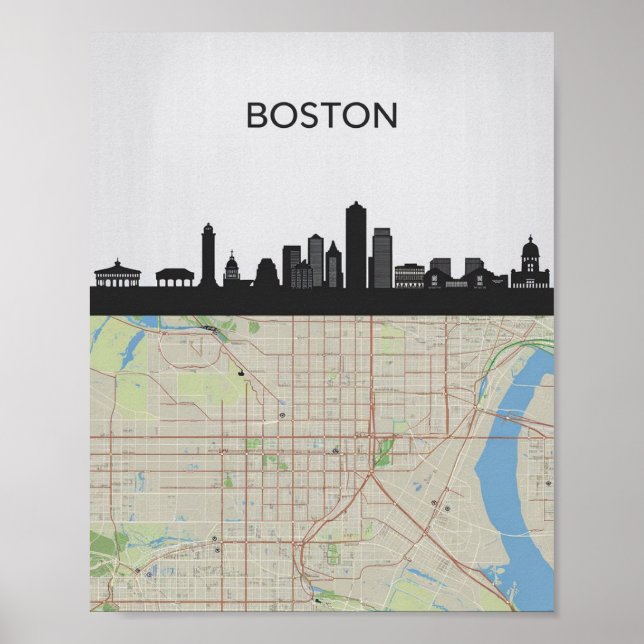 Poster Boston Massachusetts City Skyline com Mapa (Frente)