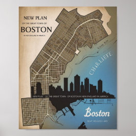 Poster Boston Massachusetts Skyline Com Mapa Da Vintage