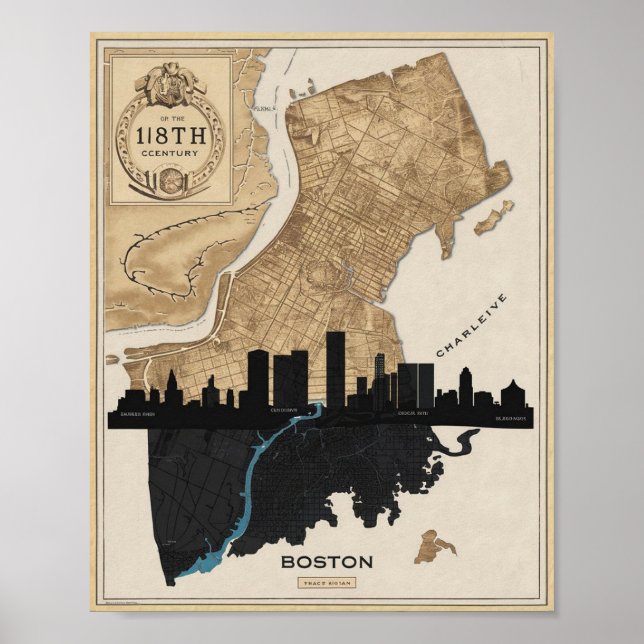 Poster Boston Massachusetts Skyline Com Mapa Da Vintage (Frente)