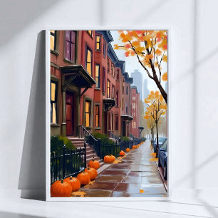 Poster Boston Outono Brownstones Abóbora Aquarela
