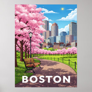 Poster Boston skyline sob florescência de cerejeiras