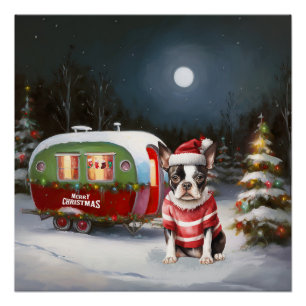 Póster Boston Terrier Caravan - aventura natalícia
