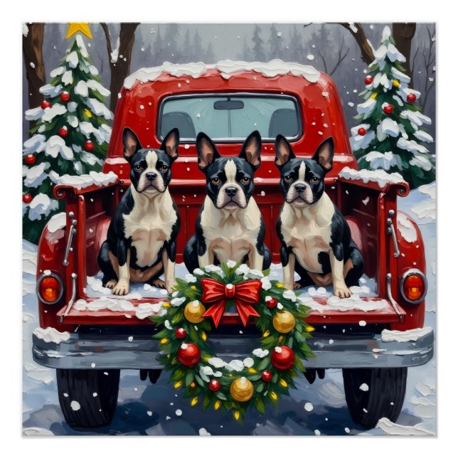 Póster Boston Terrier Christmas Red Truck Holiday (Frente)