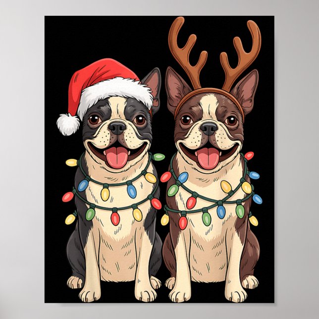 Poster Boston Terrier Christmas Santa Hat Reindeer Lights (Frente)